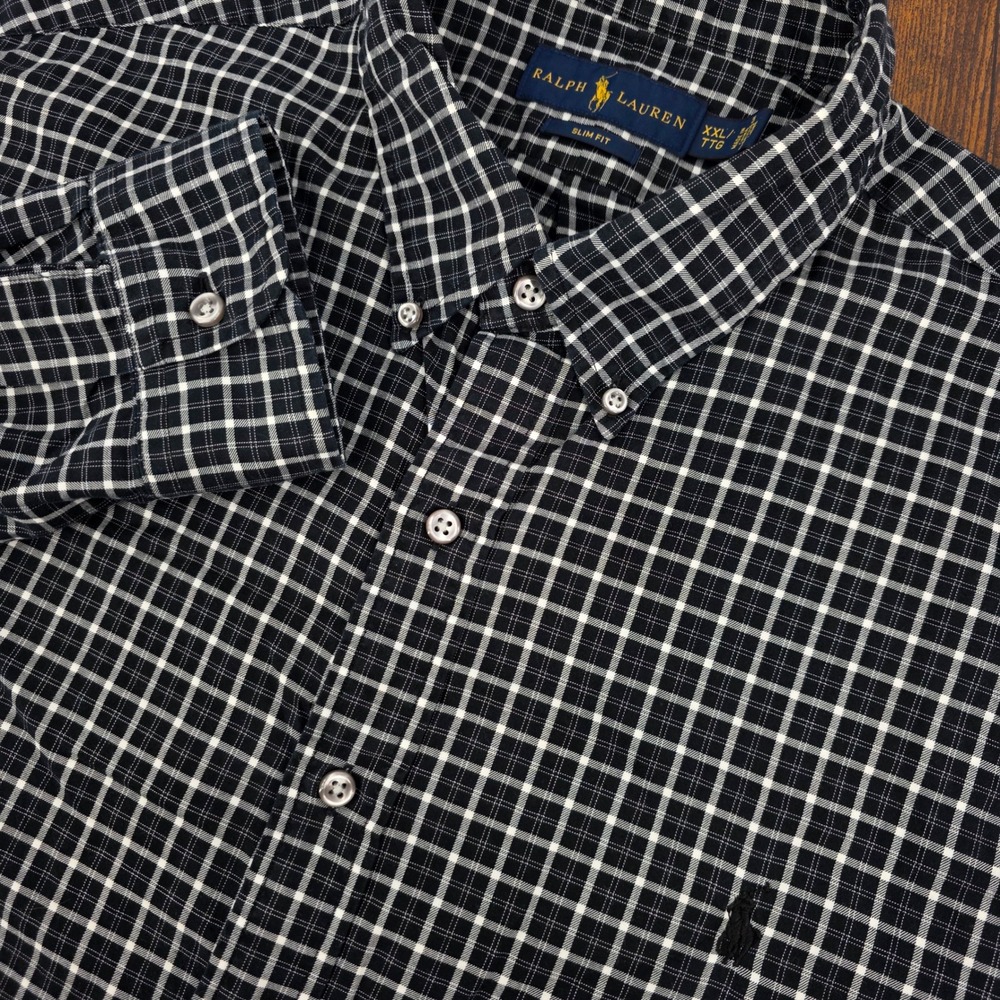 Polo Ralph Lauren Slim Fit Button Down Mens‎ XXL Black White Grid Check Plaid
